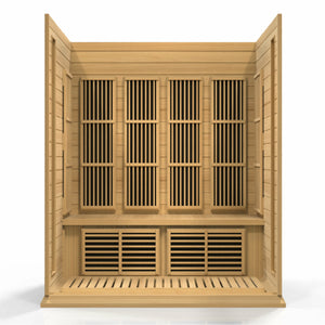 Maxxus Low EMF FAR Infrared Sauna - 4 Person - Natural hemlock wood construction with Tempered glass door and 2 full-length side windows, Interior color therapy lighting, Carbon heating panels, Roof vent, Interior/exterior LED control panels, FM Radio with BT, MP3 auxiliary, SD, and USB connection Electrical service inside front view in a white background