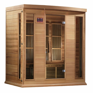 Maxxus Montilemar Edition Near Zero EMF FAR Infrared Sauna - 4 Person - Natural canadian hemlock wood construction with Tempered glass door and 2 full-length side windows, Interior reading light, Carbon Tech Low EMF FAR Infrared heaters , Roof vent, Interior LED control panel, FM Radio with BT, MP3 auxiliary, SD, and USB connection, Electrical service in a white background