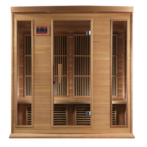 Maxxus Montilemar Edition Near Zero EMF FAR Infrared Sauna - 4 Person - Natural canadian hemlock wood construction with Tempered glass door and 2 full-length side windows, Interior reading light, Carbon Tech Low EMF FAR Infrared heaters , Roof vent, Interior LED control panel, FM Radio with BT, MP3 auxiliary, SD, and USB connection, Electrical service in a white background