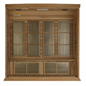 Maxxus Montilemar Edition Near Zero EMF FAR Infrared Sauna - 4 Person - Natural canadian hemlock wood construction with Tempered glass door and 2 full-length side windows, Interior reading light, Carbon Tech Low EMF FAR Infrared heaters , Roof vent, Interior LED control panel, FM Radio with BT, MP3 auxiliary, SD, and USB connection, Electrical service interior view in a white background