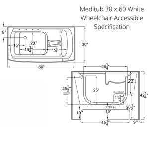 Meditub 30 x 60 White Wheelchair Accessible Bathtub 3060WCA Dimension Drawing - Vital Hydrotherapy