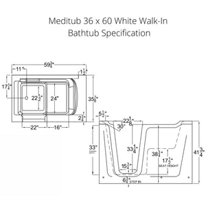 Meditub 36 x 60 White Walk-In Bathtub 3660 Dimension Drawing - Vital Hydrotherapy