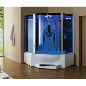 Mesa 608P Steam Shower blue-tinted glass and heavy-duty hinged doors with 2 adjustable handheld shower wands, storage shelves and a fluorescent blue mood lighting