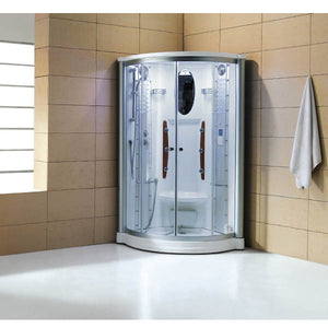 Mesa 801A Corner Steam Shower sliding glass doors with a center-mounted bench seat, adjustable handheld shower head, anti-fog mirror, and a blue LED lighting