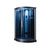 Mesa 801L Corner Steam Shower tinted blue glass with a fold-down seat, 6 body jets, adjustable handheld shower head, storage shelves and a blue LED lighting