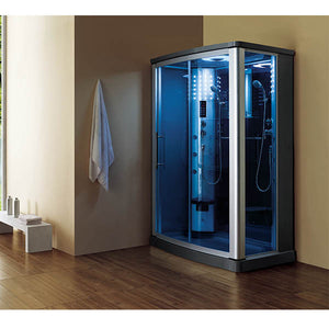 Mesa 803L Steam Shower slightly curved front, sliding glass doors, and brushed nickel trim tempered blue glass and dual interior control panels with dual shower wands, dual fold up corner seats and a blue LED lighting