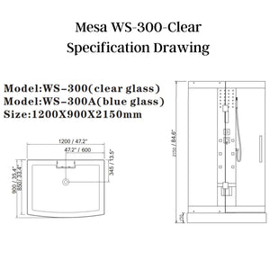 Mesa Steam Shower WS-300-Clear Specification Drawing - Vital Hydrotherapy