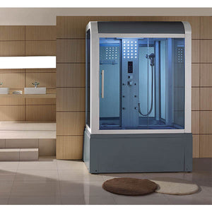 Mesa Yukon WS-501 Gray Steam Shower sleek curves and tinted blue glass with jetted tub, 3KW high output steam engine, 6 acupuncture body jets, adjustable wall-mounted shower wand, and storage shelves