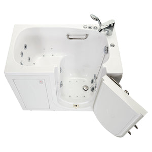 Ella Mobile 26"x45 Acrylic Hydro Massage Walk-In Bathtub with Swing Door, 2 Piece Fast Fill Faucet, 2" Drain with tempered glass outward swing door with door seal and ANTI-leak 3 latch system, Right side outward swing door, 1 stainless steel grab bars, Cast acrylic high gloss finish, fiberglass gel-coat reinforced, Rugged stainless steel frame Walk-In Bathtub in a white background