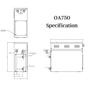 SteamSpa Oasis 7.5 KW QuickStart Acu-Steam Bath Generator OA750 Specification Drawing - Vital Hydrotherapy