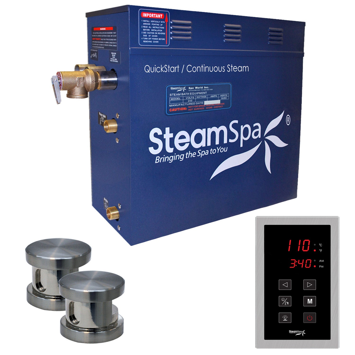 SteamSpa Oasis 10.5 KW QuickStart Acu-Steam Bath Generator Package - 9.5 in. L x 17 in. W x 15 in. - Stainless Steel - Brushed Nickel - Includes a 10.5kW QuickStart Acu-Steam Bath Generator, Touch Pad Control Panel, Two Steam heads, Pressure Relief Valve - OAT1050 - Vital Hydrotherapy