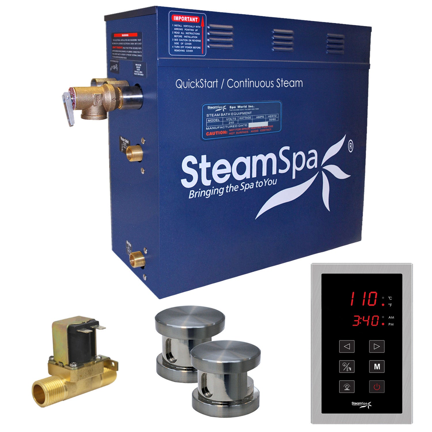 SteamSpa Oasis 10.5 KW QuickStart Acu-Steam Bath Generator Package - 9.5 in. L x 17 in. W x 15 in. - Stainless Steel - Brushed Nickel - Includes a 10.5kW QuickStart Acu-Steam Bath Generator, Touch Pad Control Panel, Two Steam heads, Pressure Relief Valve - OAT1050 - Vital Hydrotherapy