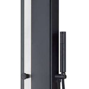PULSE ShowerSpas Stainless Steel Brushed Shower Panel - Eclipse ShowerSpa - Aluminum body with matte black finish - with Single function wand hand shower and single function body jet - 1060MB-SSB - Vital Hydrotherapy