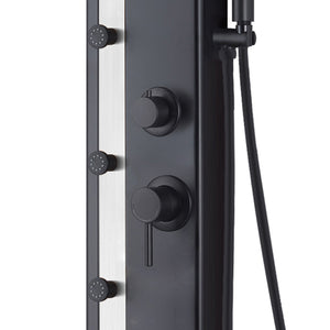 PULSE ShowerSpas Stainless Steel Brushed Shower Panel - Eclipse ShowerSpa - Aluminum body with matte black finish - with single function body jets, Brass diverter and pressure balance valve - 1060MB-SSB - Vital Hydrotherapy