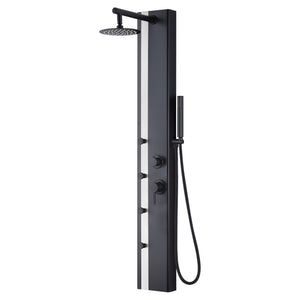 PULSE ShowerSpas Stainless Steel Brushed Shower Panel - Eclipse ShowerSpa - Aluminum body with matte black finish with 8 inch rain showerhead, 4 single function body jets, Single function wand hand shower, Brass diverter and pressure balance valve - 1060MB-SSB - Vital Hydrotherapy