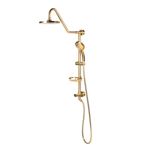 PULSE ShowerSpas Shower System - Kauai III Shower System - 8" Rain showerhead with soft tips, Five-function hand shower with 59" double-interlocking stainless steel hose, Brass slide bar, soap dish, diverter, and shower arm - Brushed Gold - 1011-III - Vital Hydrotherapy