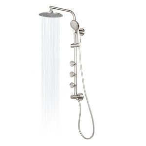PULSE ShowerSpas Shower System - Lanai Shower System - 8" faced rain showerhead with soft tips, 3-Function faced hand shower with 59" double-interlocking stainless steel hose, brass slide bar, brass shower arm, Brass diverter and 3 PULSE body jets with top two - Brushed Nickel - In use - 1089 - Vital Hydrotherapy