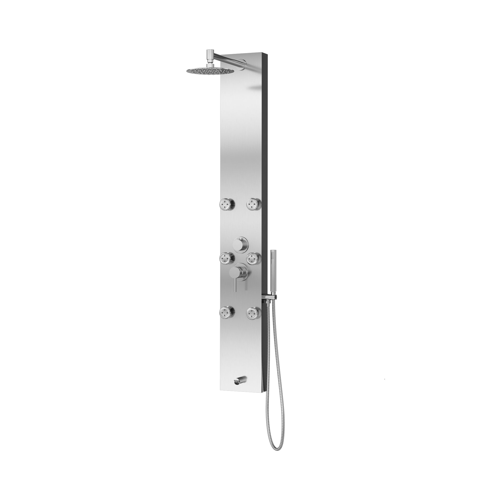 PULSE ShowerSpas Stainless Steel Shower Panel - Monterey ShowerSpa - with 8 in. Low profile stainless steel rain shower head with soft tips, Single-function hand shower with double-interlocking stainless steel hose, 6-Single-function Silk Spray Jets and Brass tub spout/temperature tester - Brushed Nickel - 1042 - Vital Hydrotherapy