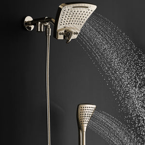 PULSE ShowerSpas Shower System - PowerShot Shower System - Unique and modern curved 8” rain showerhead with diverter, 3-function hand shower - Brushed Nickel - Rain showerhead - Lifestyle - 1056 - Vital Hydrotherapy