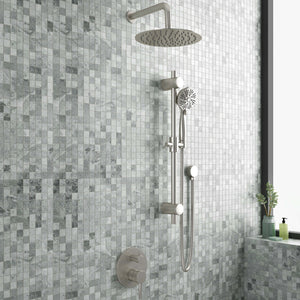 PULSE ShowerSpas Combo Shower System - 10 inch rain showerhead, 5-function stainless steel hand shower, Brass shower arm, Brass slide bar, Thru-temp pressure balance mixing valve and brass diverter - Brushed Nickel - Lifestyle setting - 3006 - Vital Hydrotherapy