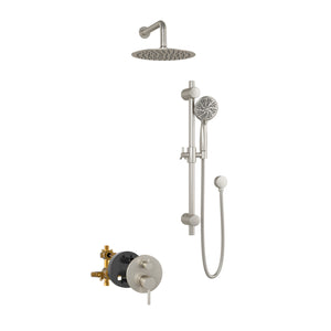 PULSE ShowerSpas Combo Shower System - 10 inch rain showerhead, 5-function stainless steel hand shower, Brass shower arm, Brass slide bar, Thru-temp pressure balance mixing valve and brass diverter - Brushed Nickel - Vital Hydrotherapy