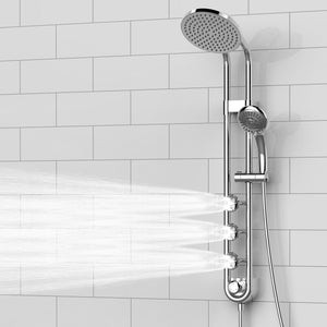 PULSE ShowerSpas Chrome Shower System - Saturn Shower System - 8-inch rain showerhead, 5-function hand shower, 3 PULSE PowerSpray™ body jets, Top two body jets, Brass slide bar and Brass diverter located at the bottom of the system - Lifestyle setting - 1058 - Vital Hydrotherapy