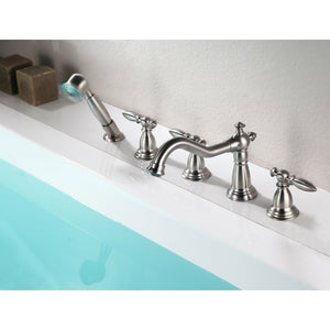 Anzzi Patriarch 2-Handle Deck-mount Roman Tub Faucet With Handheld Sprayer - Brushed Nickel Finish - Dual Handle Bathtub Faucet - Extendable Handheld Sprayer - FR-AZ091 - Lifestyle - Vital Hydrotherapy