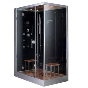 Platinum black left configuration Steam Shower tempered glass wooden ceiling and floor combined with chrome trim Chromatherapy Lighting with two removable seats