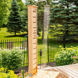 Dundalk Canadian Timber Sierra Pillar Shower CTC105 - Stainless steel support bracket - Eastern white cedar - Outdoor Setting - Vital Hydrotherapy