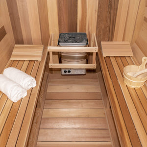 Dundalk CT Tranquility Barrel Sauna CTC2345W - with Heater, bucket & laddle, two white towels - Vital Hydrotherapy