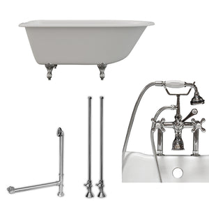 Cambridge Plumbing 54-Inch Rolled Rim Cast Iron Clawfoot Tub (Porcelain enamel interior and white paint exterior) and Deck Mount Plumbing Package (Polished chrome) RR55-463D-6-PKG-7DH - Vital Hydrotherapy