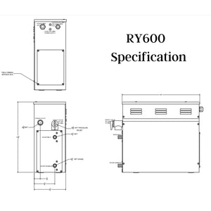 SteamSpa Royal 6 KW QuickStart Acu-Steam Bath Generator Specification Drawing RY600 - Vital Hydrotherapy