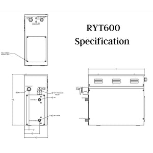 SteamSpa Royal 6 KW QuickStart Acu-Steam Bath Generator Specification Drawing RYT600 - Vital Hydrotherapy
