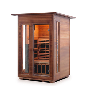 Rustic Infrared Sauna Canadian Cedar indoor roofed with glass door and window isometric view