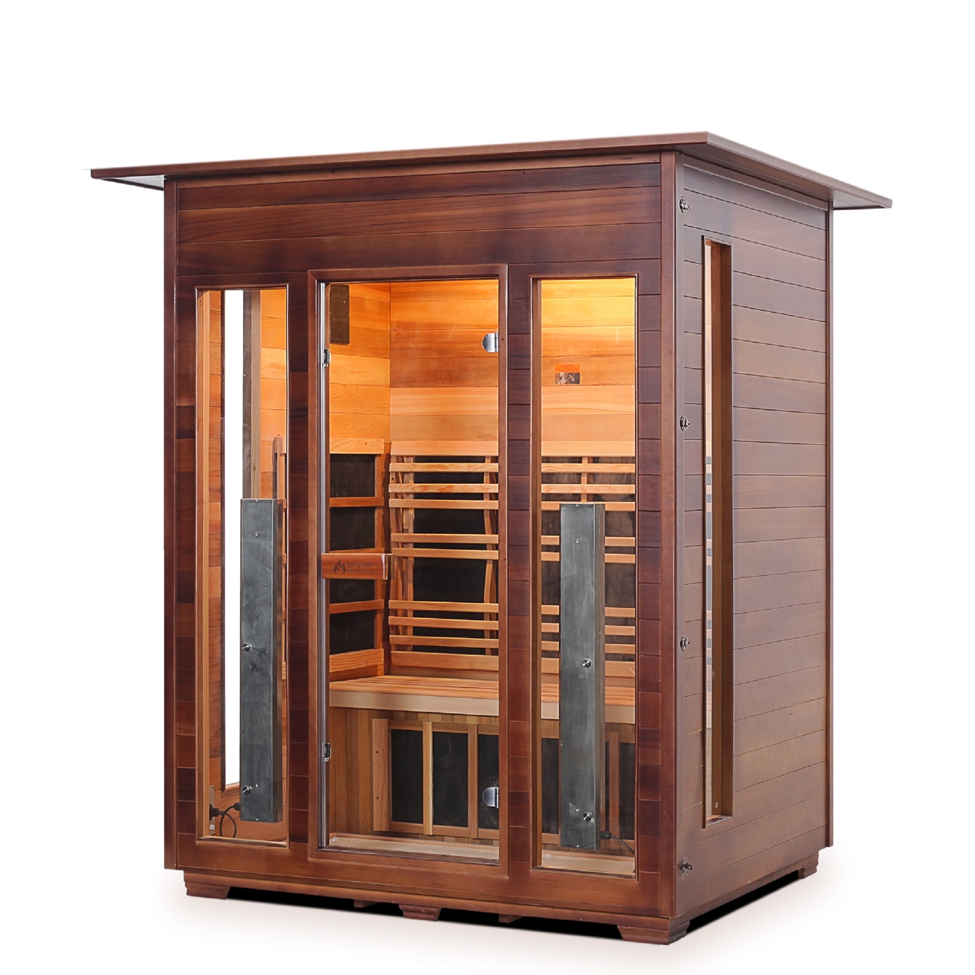 InfraNature Original Rustic Infrared Sauna Canadian Cedarwood  indoor roof with glass door and windows front view