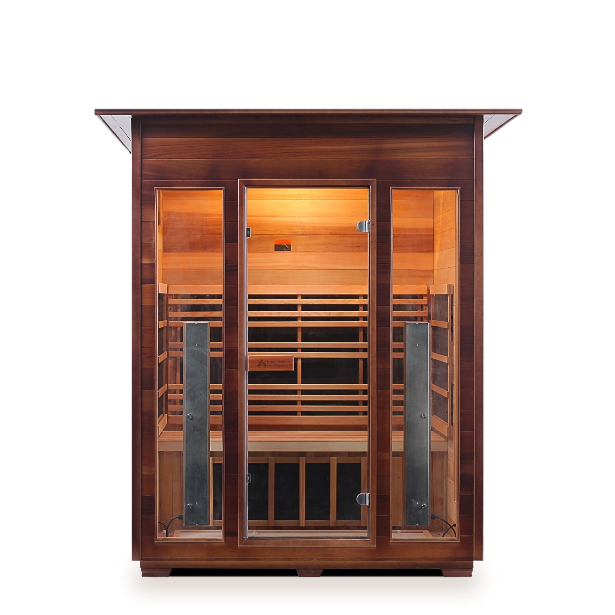 InfraNature Original Rustic Infrared Sauna Canadian Cedarwood  indoor roof with glass door and windows front view