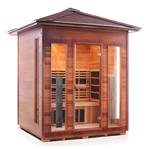 Rustic Infrared Sauna Canadian red cedar inside and out with peaked roof and glass door and windows isometric view