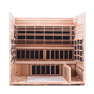 Enlighten Sauna InfraNature Original Infrared Rustic 8 Person Outdoor Low EMF Sauna - Canadian Cedar - Carbon Heaters - Interior View - Vital Hydrotherapy