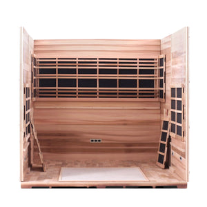 Enlighten Sauna InfraNature Original Infrared Rustic 8 Person Outdoor Low EMF Sauna - Canadian Cedar - Carbon Heaters - Interior View - Vital Hydrotherapy