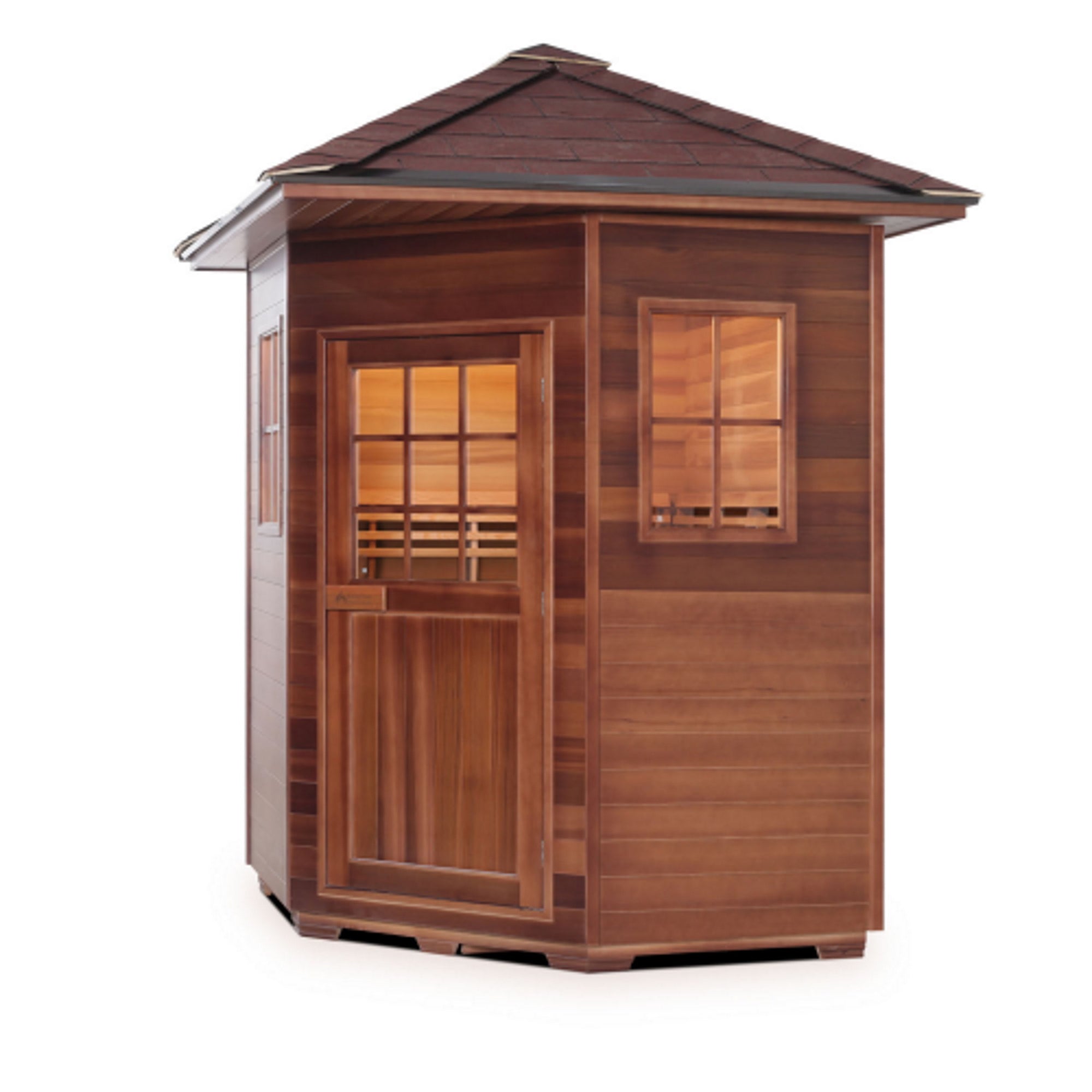 Enlighten Sauna Dry traditional Moonlight Outdoor Canadian Red Cedar Wood Outside And Inside Peak Roofed four person corner location sauna front view