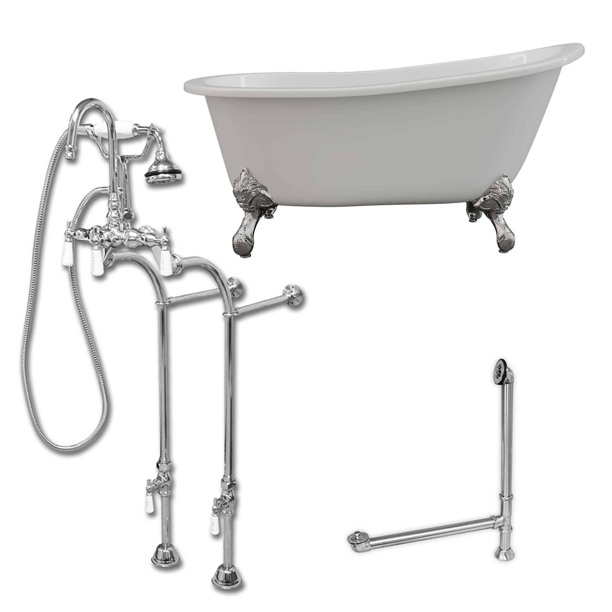 Cambridge Plumbing 61-Inch Cast Iron Slipper Clawfoot Tub (Porcelain enamel interior and white paint exterior) and Freestanding Plumbing Package (Brushed Nickel) ST61-398684-PKG-NH - Vital Hydrotherapy