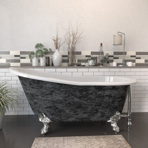 Cambridge Plumbing 61” x 30” Slipper Scorched Platinum Cast Iron Bathtub (Hand Painted Faux Scorched Platinum Exterior) with Feet (Polished Chrome) and No Faucet Holes ST61-NH-SP - Vital Hydrotherapy