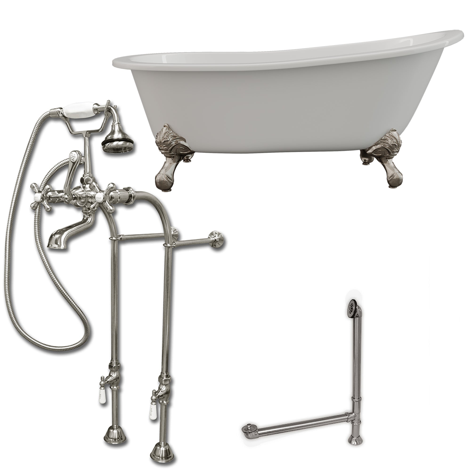 Cambridge Plumbing 67-Inch Slipper Cast Iron Clawfoot Tub (Porcelain enamel interior and white paint exterior) and Freestanding Plumbing Package (Brushed nickel) ST67-398463-PKG-NH - Vital Hydrotherapy