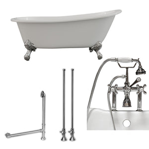 Cambridge Plumbing 67-Inch Slipper Cast Iron Clawfoot Tub (Porcelain enamel interior and white paint exterior) and Deck Mount Plumbing Package (Polished Chrome) ST67-463D-6-PKG-7DH - Vital Hydrotherapy