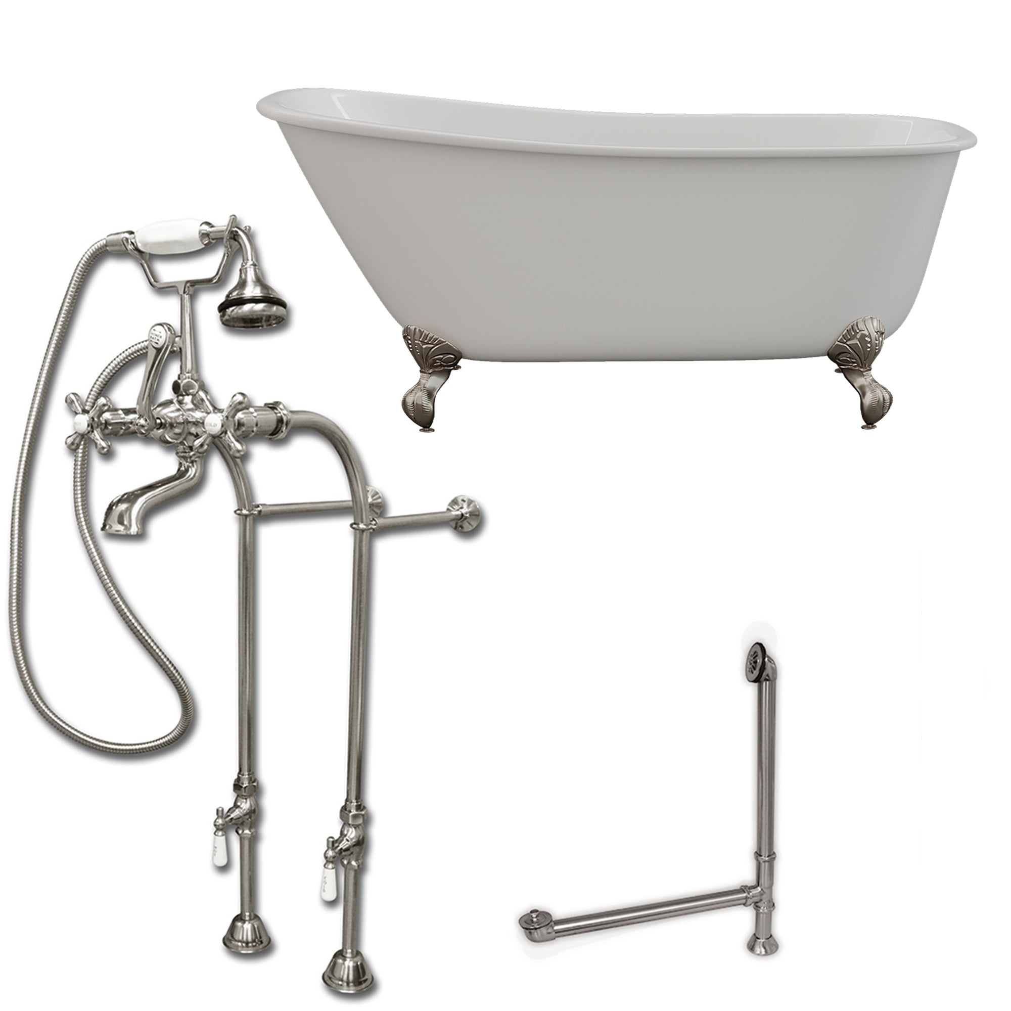Cambridge Plumbing 58-Inch Swedish Slipper Cast Iron Clawfoot Tub (Porcelain enamel interior and white paint exterior) with Free Standing Plumbing Package (Brushed Nickel) SWED58-398463-PKG-NH - Vital Hydrotherapy