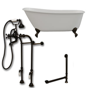 Cambridge Plumbing 58-Inch Swedish Slipper Cast Iron Clawfoot Tub (Porcelain enamel interior and white paint exterior) with Free Standing Plumbing Package (Oil Rubbed Bronze) SWED58-398463-PKG-NH - Vital Hydrotherapy