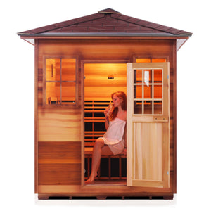 Infrared and Dry Traditional Hybrid Sapphire 4 Person Outdoor Canadian Red Cedar Wood Outside And Inside Double Roof ( Flat Roof + peak roofed with young woman model front view