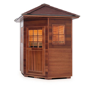 Infrared and Dry Traditional Hybrid Sapphire 4 Person Corner Canadian Red Cedar Wood Outside And Inside Double Roof ( Flat Roof + peak roofed isometric view