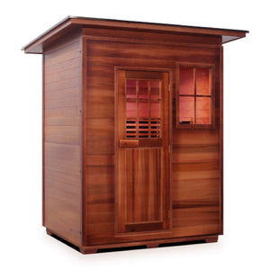 Infrared and Dry Traditional Hybrid Sapphire 3 Person Outdoor sauna Canadian Red Cedar Wood Outside And Inside Double Roof ( Flat Roof + slope roofed isometric view