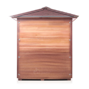 Enlighten Sauna InfraNature Original Infrared Outdoor Canadian red cedar inside and out 4 person sauna with peak roof back view